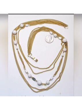 Vtg 6-Strand JAPAN Necklace, GT Chain & White Milk Glass Round/Barrel Beads, 29"